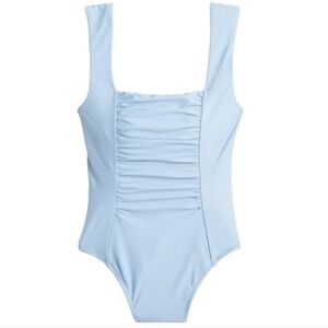 New J. Crew Square Neck Ruched Blue One Piece Full Coverage Swimsuit Size 14 NWT